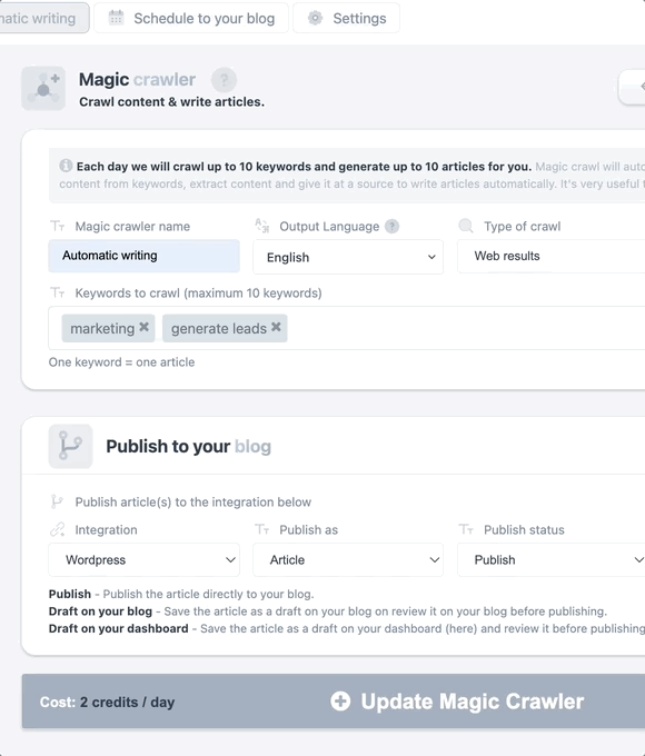 SEO Articles product interface
